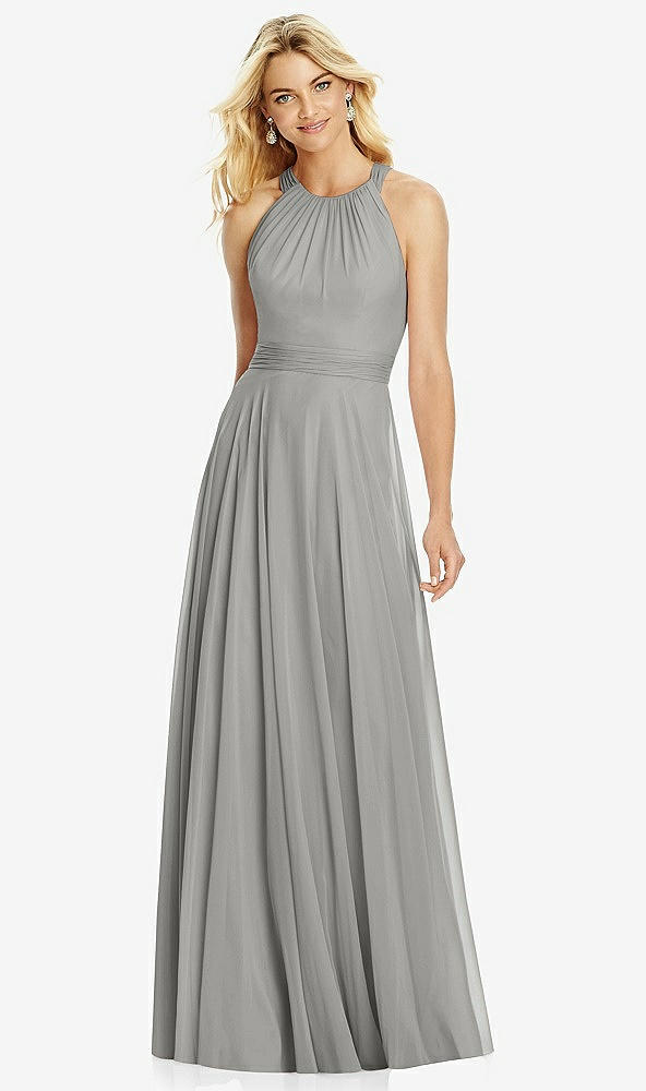 Front View - Chelsea Gray Cross Strap Open-Back Halter Maxi Dress