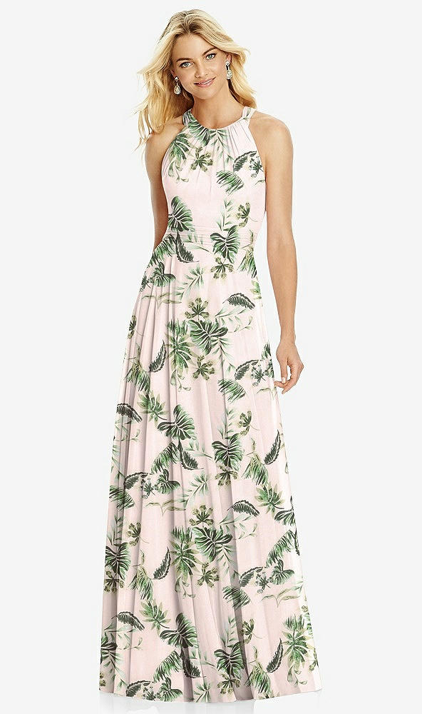 Front View - Palm Beach Print Cross Strap Open-Back Halter Maxi Dress