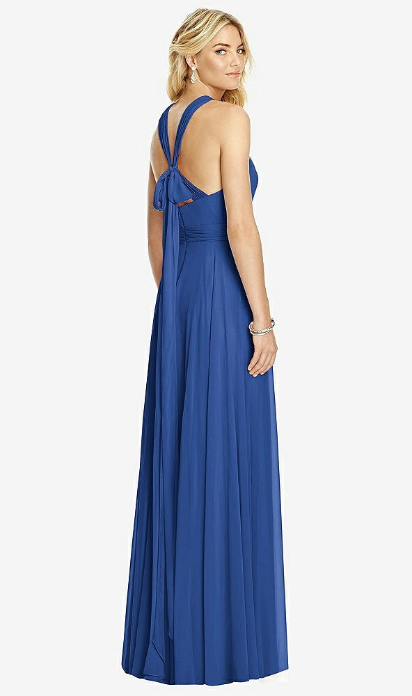 Back View - Classic Blue Cross Strap Open-Back Halter Maxi Dress