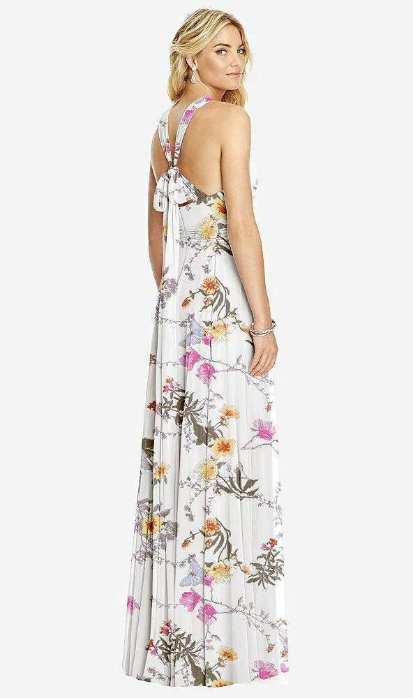 Back View - Butterfly Botanica Ivory Cross Strap Open-Back Halter Maxi Dress