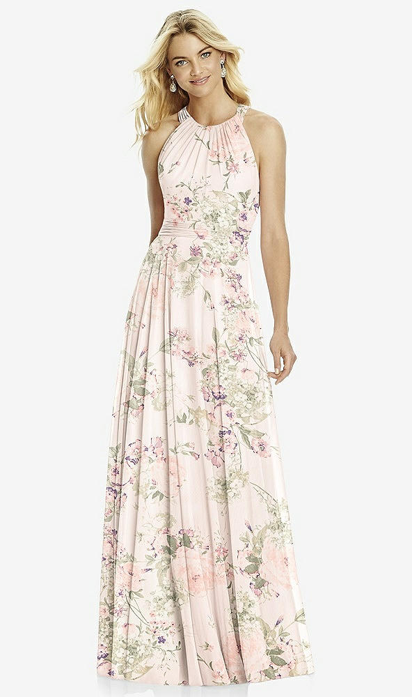 Front View - Blush Garden Cross Strap Open-Back Halter Maxi Dress