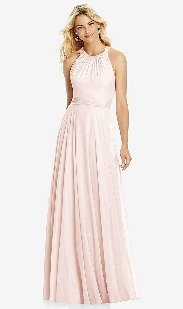 Front View - Blush Cross Strap Open-Back Halter Maxi Dress