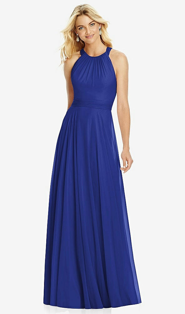 Front View - Cobalt Blue Cross Strap Open-Back Halter Maxi Dress