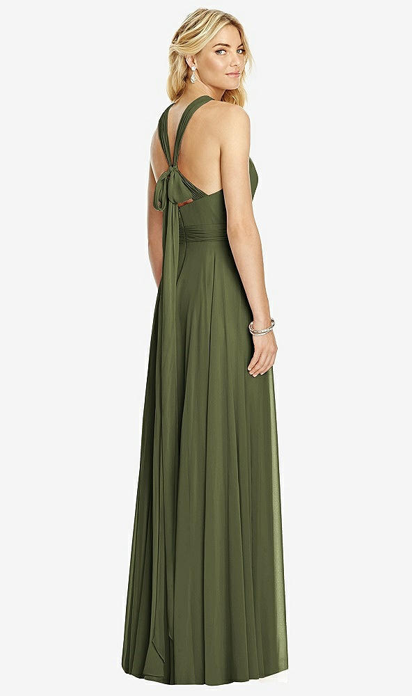 Back View - Olive Green Cross Strap Open-Back Halter Maxi Dress