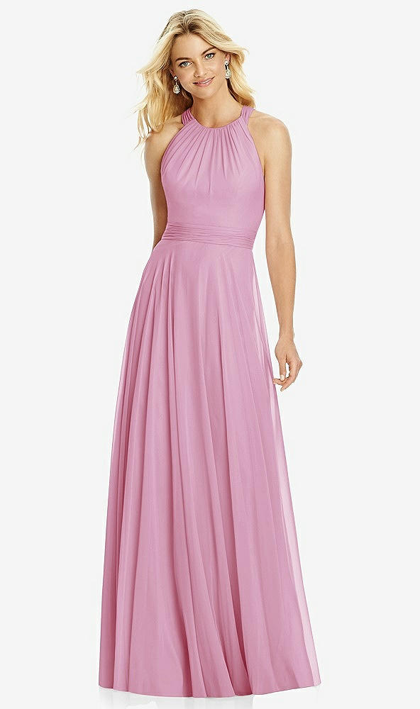 Front View - Powder Pink Cross Strap Open-Back Halter Maxi Dress