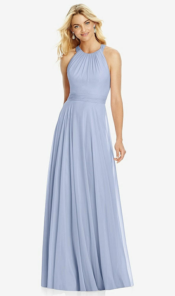 Front View - Sky Blue Cross Strap Open-Back Halter Maxi Dress