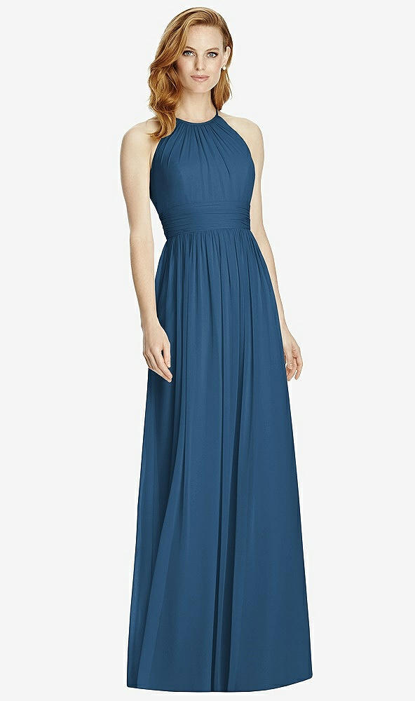 Front View - Dusk Blue Cutout Open-Back Shirred Halter Maxi Dress