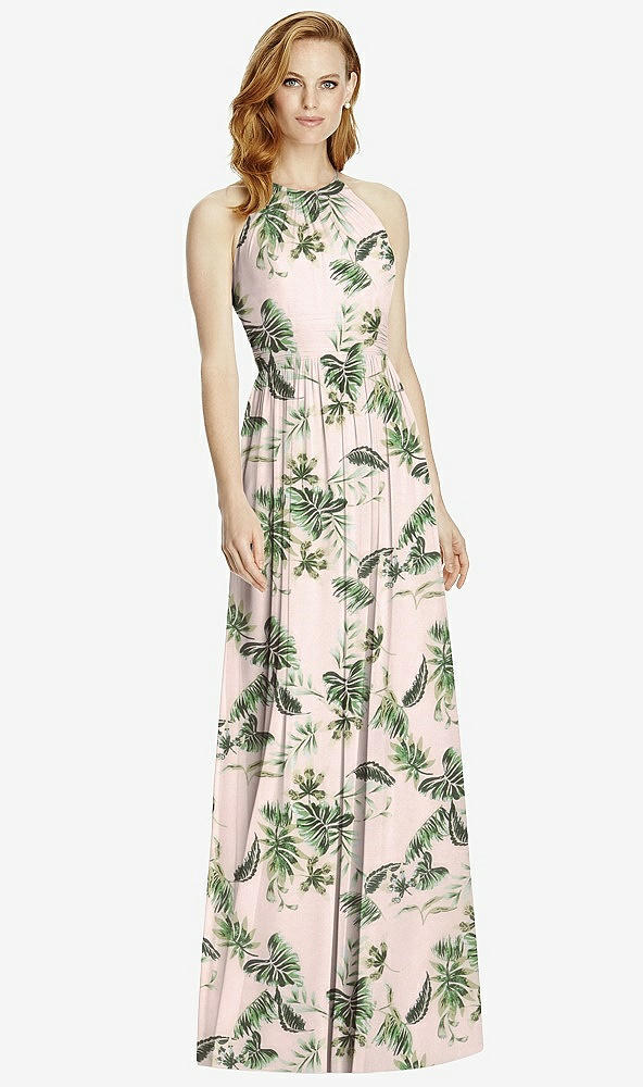 Front View - Palm Beach Print Cutout Open-Back Shirred Halter Maxi Dress