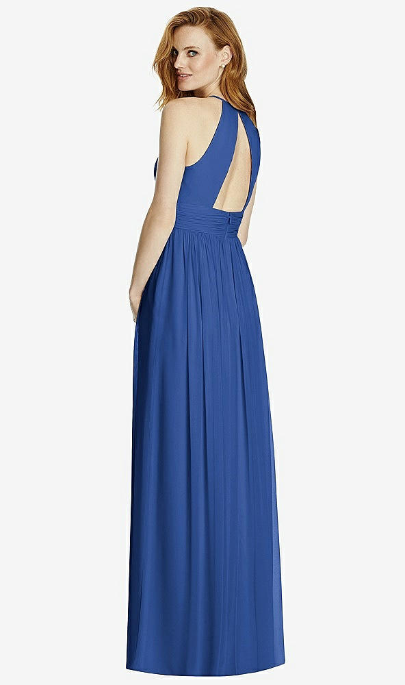 Back View - Classic Blue Cutout Open-Back Shirred Halter Maxi Dress