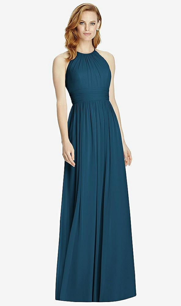 Front View - Atlantic Blue Cutout Open-Back Shirred Halter Maxi Dress