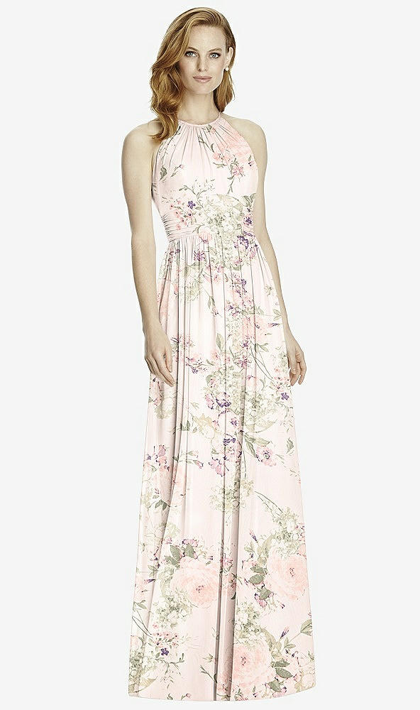 Front View - Blush Garden Cutout Open-Back Shirred Halter Maxi Dress