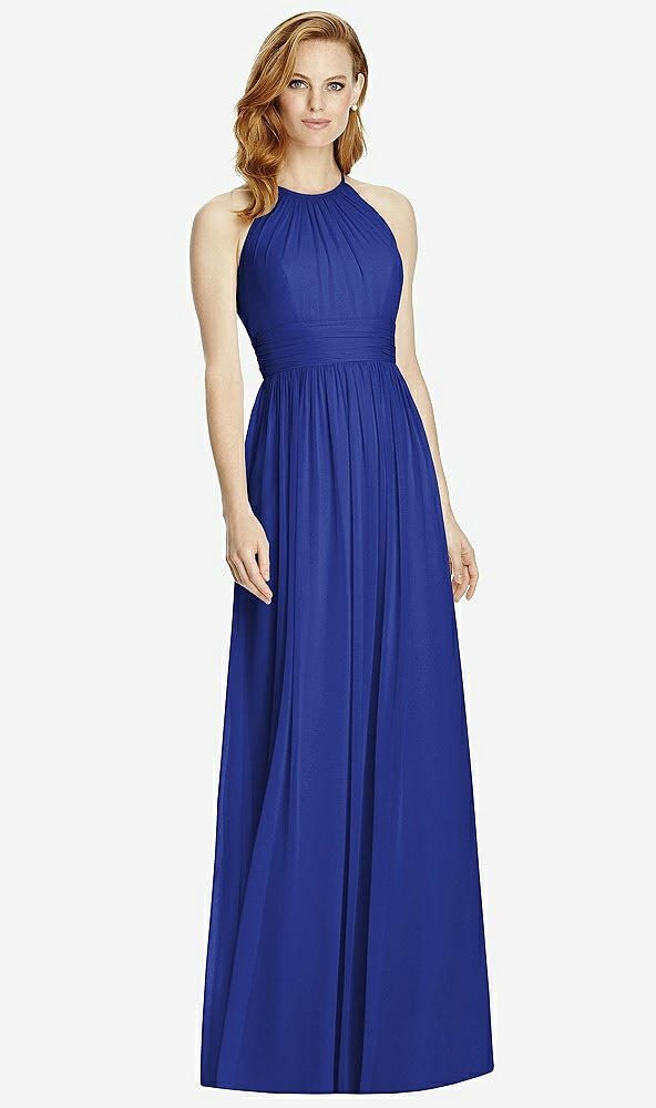 Front View - Cobalt Blue Cutout Open-Back Shirred Halter Maxi Dress