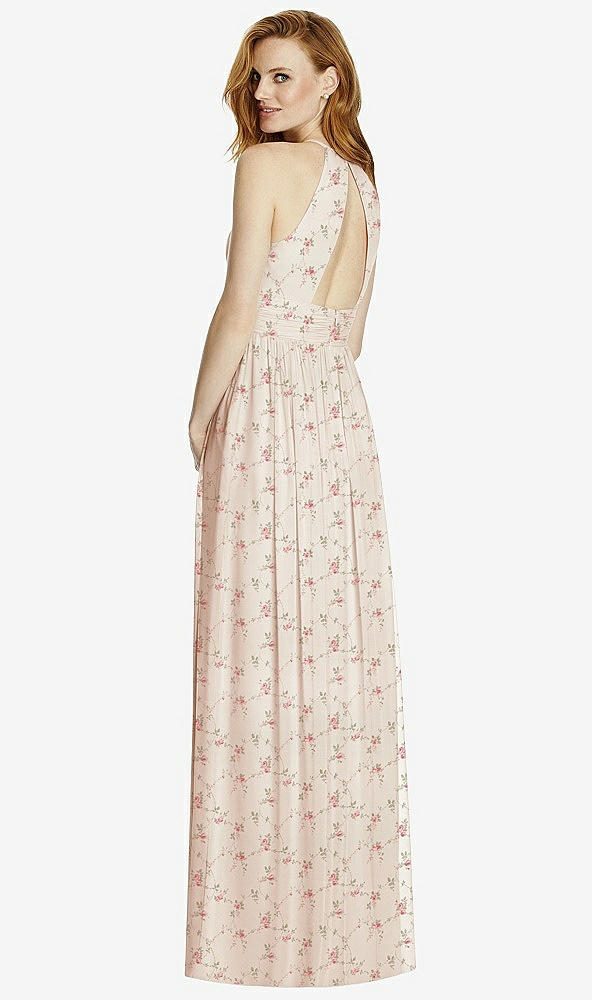 Back View - Coquette Floral Print Cutout Open-Back Shirred Halter Maxi Dress