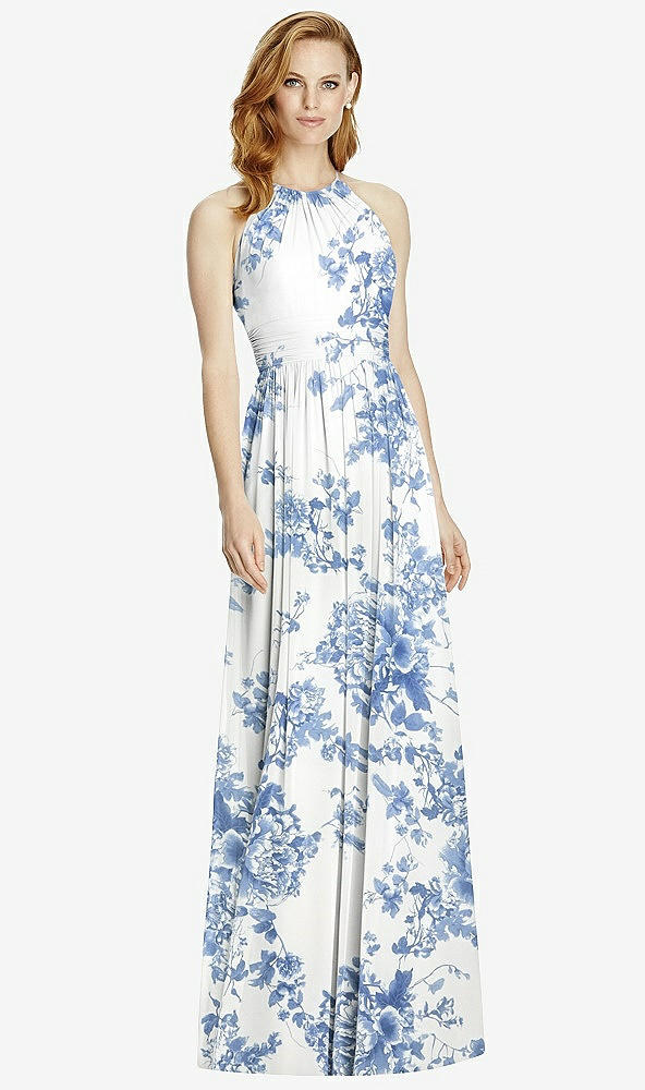 Front View - Cottage Rose Dusk Blue Cutout Open-Back Shirred Halter Maxi Dress