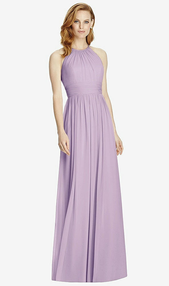 Front View - Pale Purple Cutout Open-Back Shirred Halter Maxi Dress