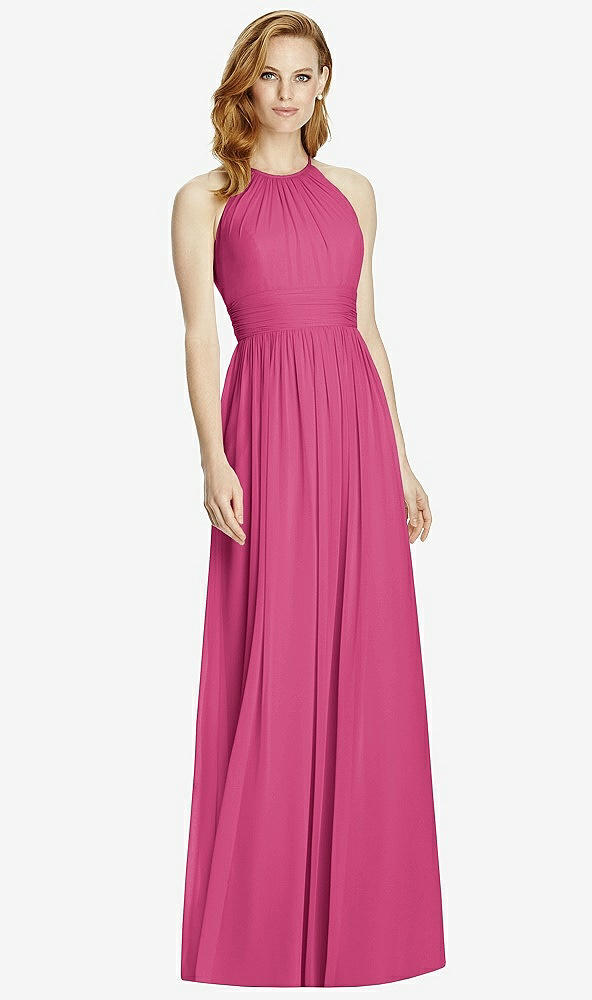 Front View - Tea Rose Cutout Open-Back Shirred Halter Maxi Dress