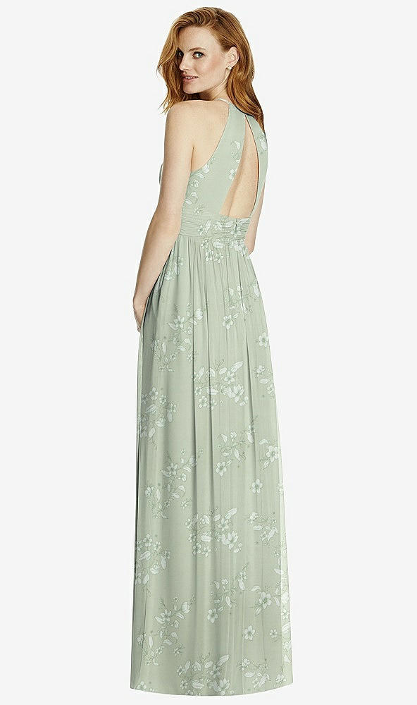 Back View - Vintage Primrose Sage Cutout Open-Back Shirred Halter Maxi Dress