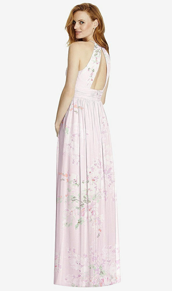 Back View - Watercolor Print Cutout Open-Back Shirred Halter Maxi Dress