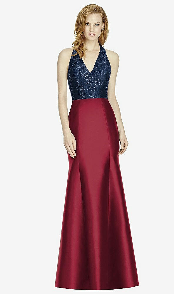 Front View - Burgundy & Midnight Navy Studio Design Collection 4514 Full Length Halter V-Neck Bridesmaid Dress