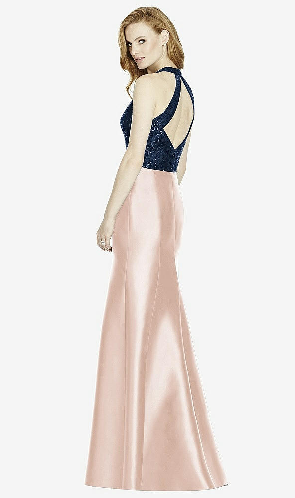 Back View - Cameo & Midnight Navy Studio Design Collection 4514 Full Length Halter V-Neck Bridesmaid Dress