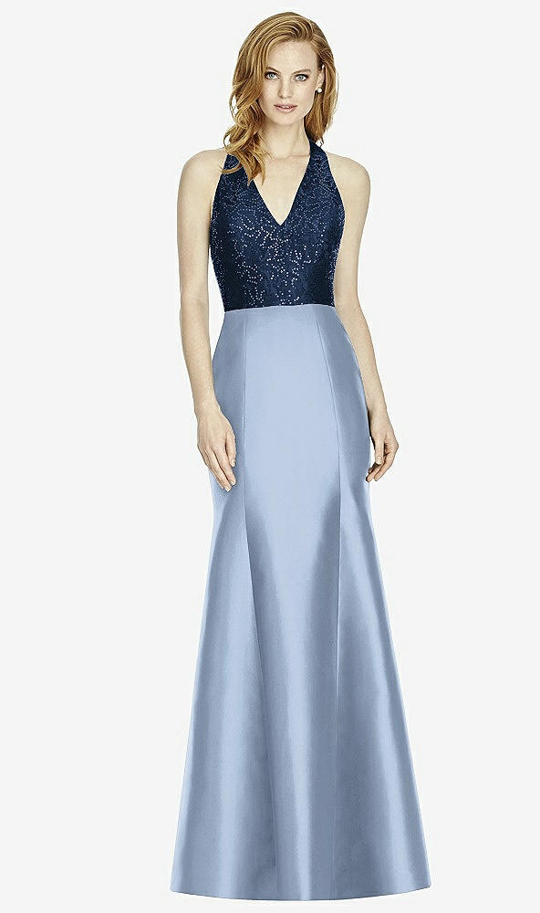 Front View - Cloudy & Midnight Navy Studio Design Collection 4514 Full Length Halter V-Neck Bridesmaid Dress