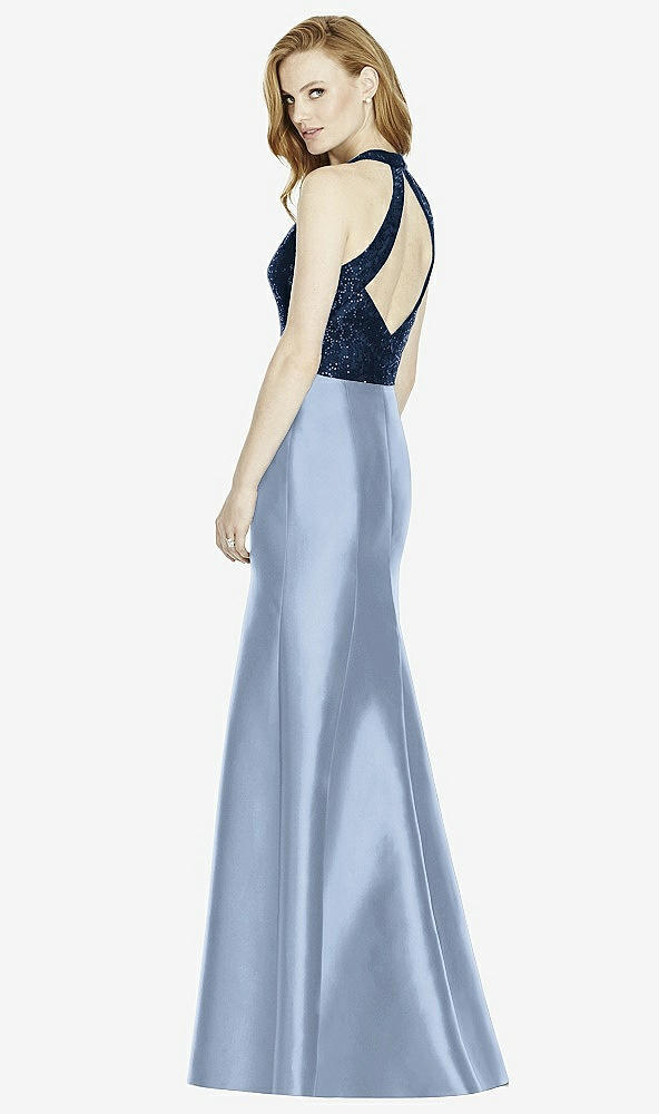 Back View - Cloudy & Midnight Navy Studio Design Collection 4514 Full Length Halter V-Neck Bridesmaid Dress