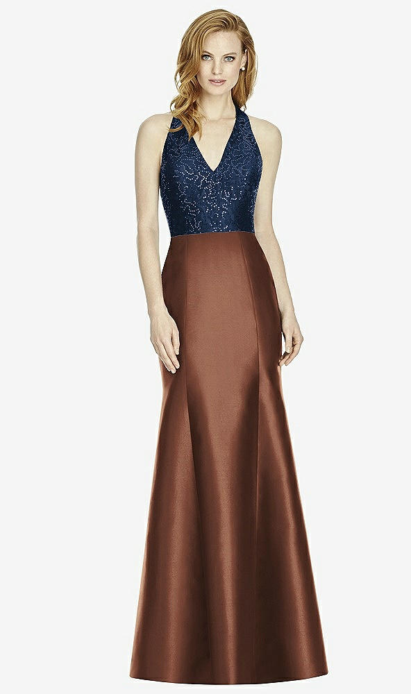 Front View - Cognac & Midnight Navy Studio Design Collection 4514 Full Length Halter V-Neck Bridesmaid Dress