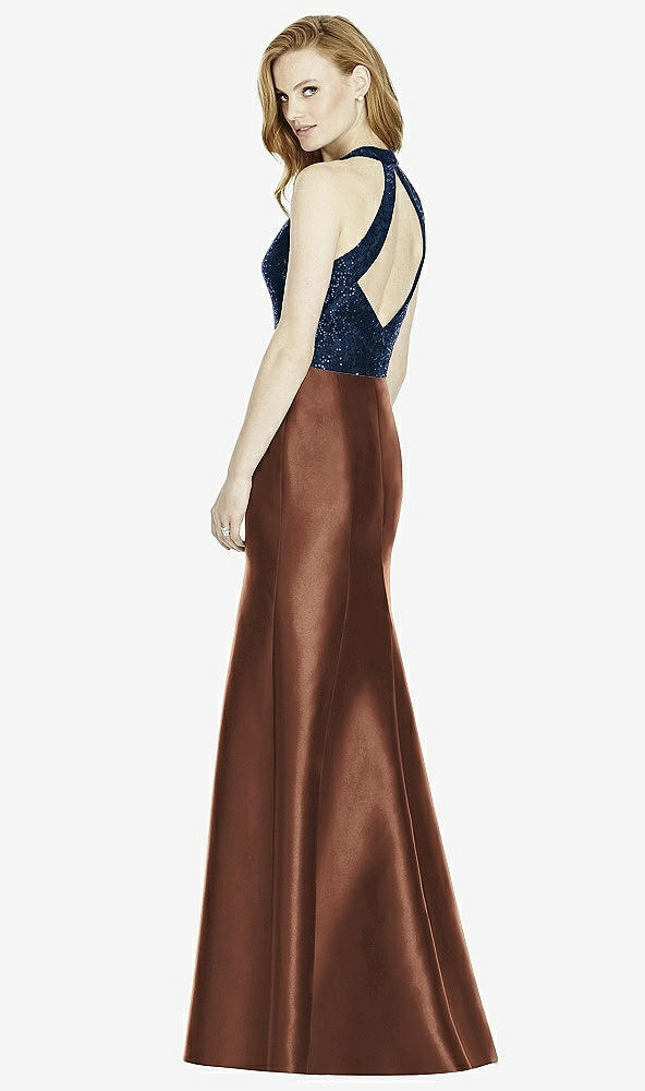 Back View - Cognac & Midnight Navy Studio Design Collection 4514 Full Length Halter V-Neck Bridesmaid Dress