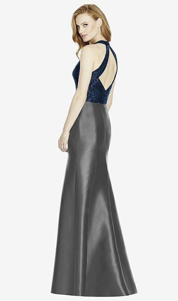 Back View - Gunmetal & Midnight Navy Studio Design Collection 4514 Full Length Halter V-Neck Bridesmaid Dress