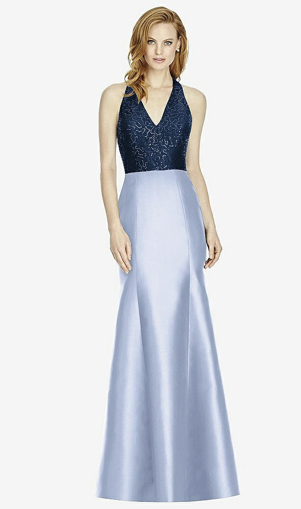 Front View - Sky Blue & Midnight Navy Studio Design Collection 4514 Full Length Halter V-Neck Bridesmaid Dress