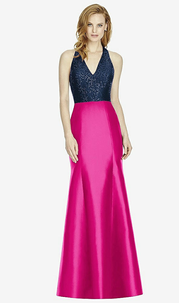 Front View - Think Pink & Midnight Navy Studio Design Collection 4514 Full Length Halter V-Neck Bridesmaid Dress