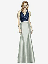 Front View Thumbnail - Willow Green & Midnight Navy Studio Design Collection 4514 Full Length Halter V-Neck Bridesmaid Dress