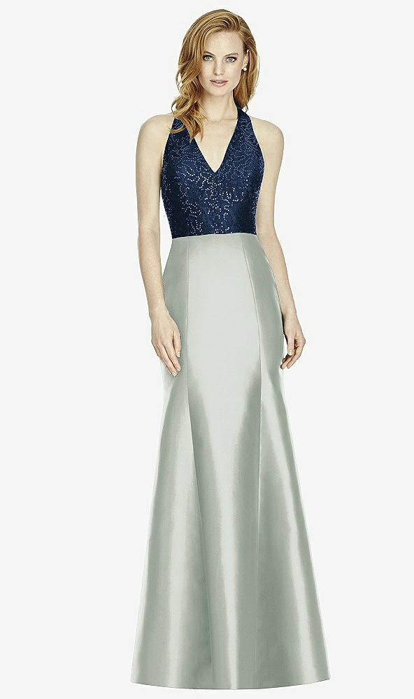 Front View - Willow Green & Midnight Navy Studio Design Collection 4514 Full Length Halter V-Neck Bridesmaid Dress