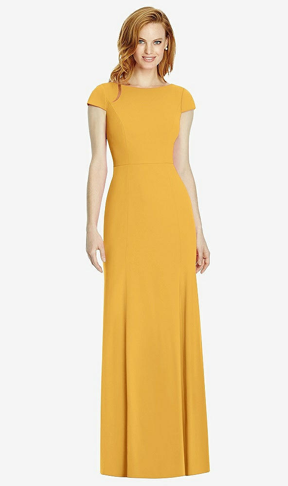 Back View - NYC Yellow Bateau-Neck Cap Sleeve Open-Back Trumpet Gown