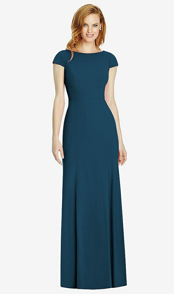 Back View - Atlantic Blue Bateau-Neck Cap Sleeve Open-Back Trumpet Gown