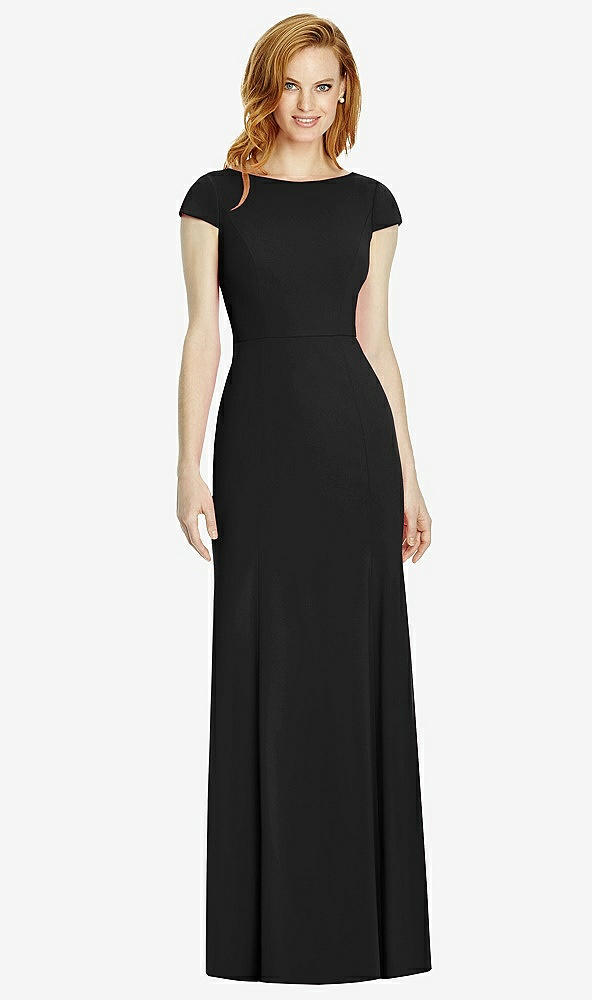 Back View - Black Bateau-Neck Cap Sleeve Open-Back Trumpet Gown