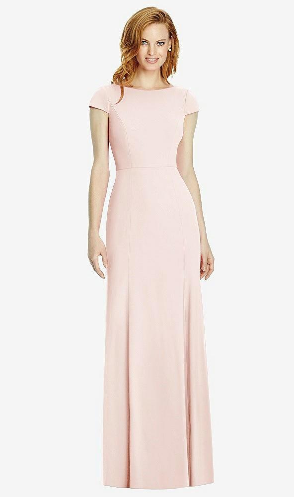 Back View - Blush Bateau-Neck Cap Sleeve Open-Back Trumpet Gown