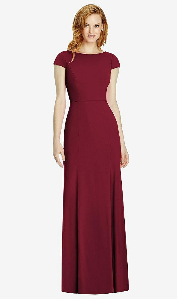 Back View - Burgundy Bateau-Neck Cap Sleeve Open-Back Trumpet Gown