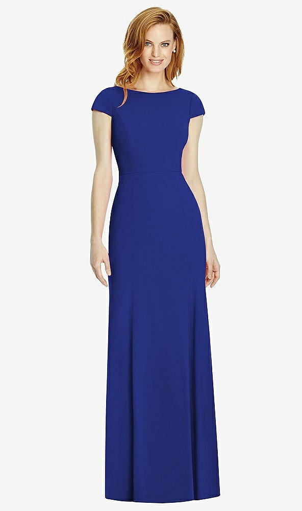 Back View - Cobalt Blue Bateau-Neck Cap Sleeve Open-Back Trumpet Gown