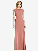 Rear View Thumbnail - Desert Rose Bateau-Neck Cap Sleeve Open-Back Trumpet Gown