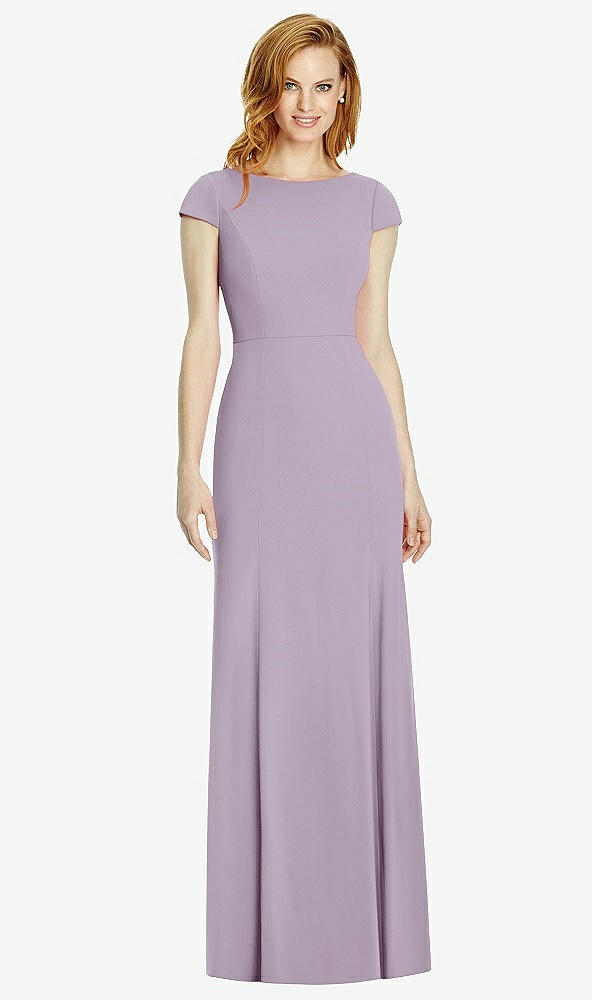 Back View - Lilac Haze Bateau-Neck Cap Sleeve Open-Back Trumpet Gown