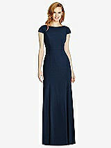 Rear View Thumbnail - Midnight Navy Bateau-Neck Cap Sleeve Open-Back Trumpet Gown