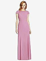 Rear View Thumbnail - Powder Pink Bateau-Neck Cap Sleeve Open-Back Trumpet Gown