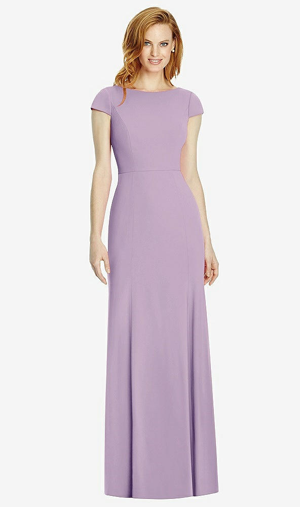 Back View - Pale Purple Bateau-Neck Cap Sleeve Open-Back Trumpet Gown