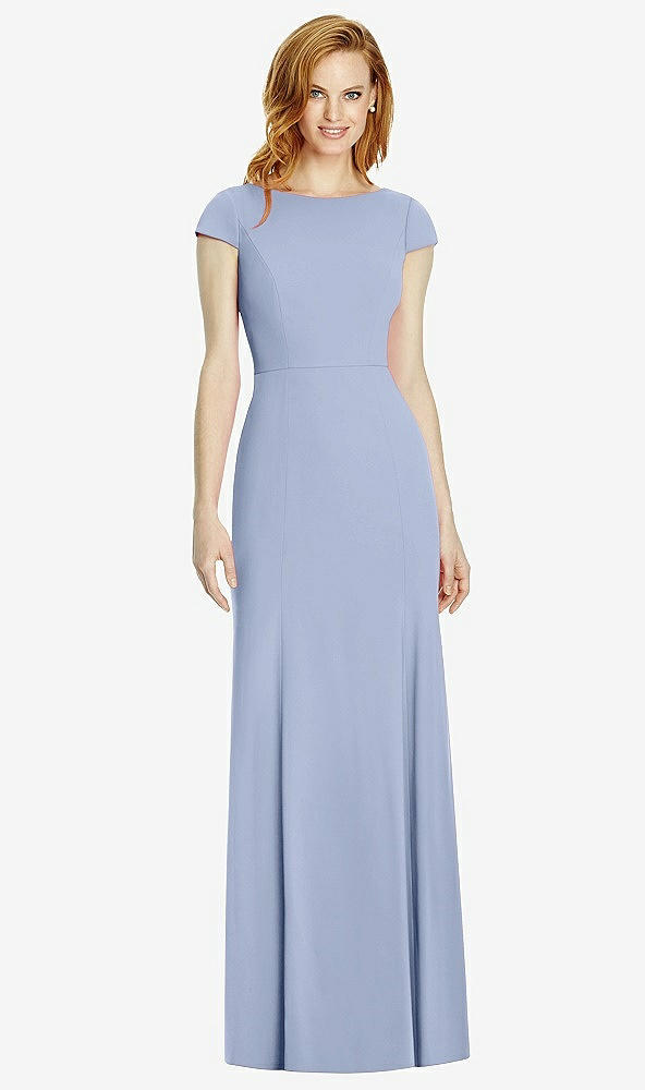 Back View - Sky Blue Bateau-Neck Cap Sleeve Open-Back Trumpet Gown