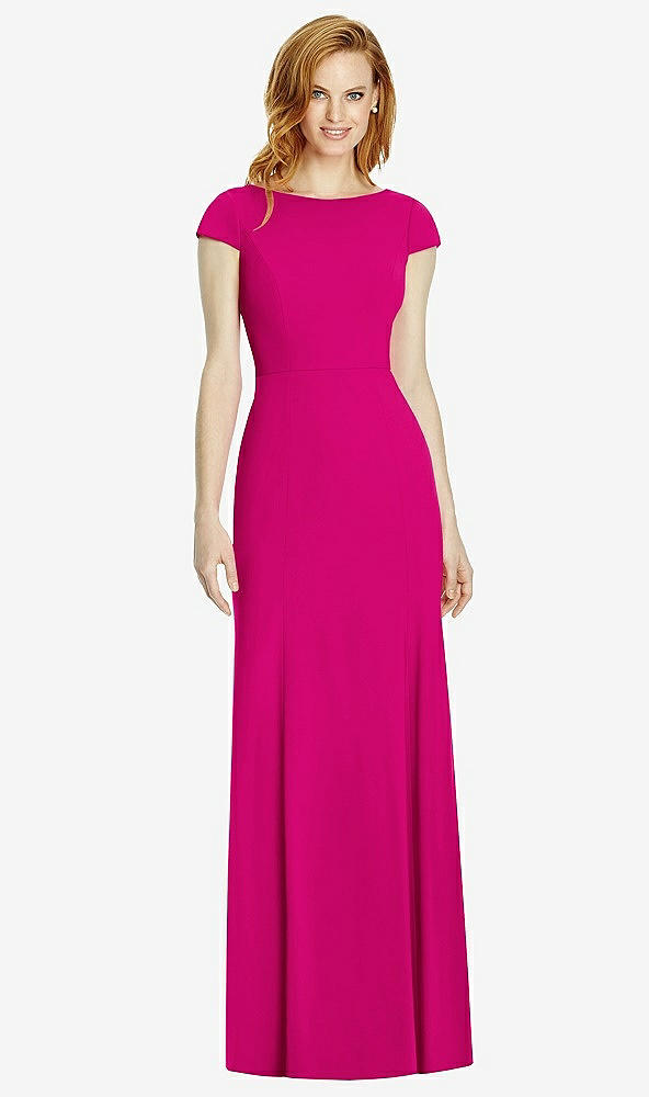 Back View - Think Pink Bateau-Neck Cap Sleeve Open-Back Trumpet Gown