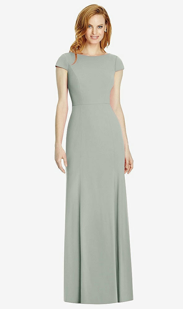 Back View - Willow Green Bateau-Neck Cap Sleeve Open-Back Trumpet Gown