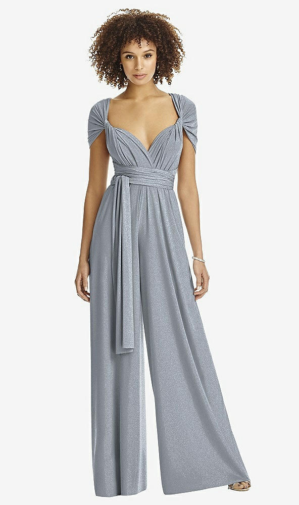 Front View - Platinum Silver Twist Wrap Shimmer Jumpsuit