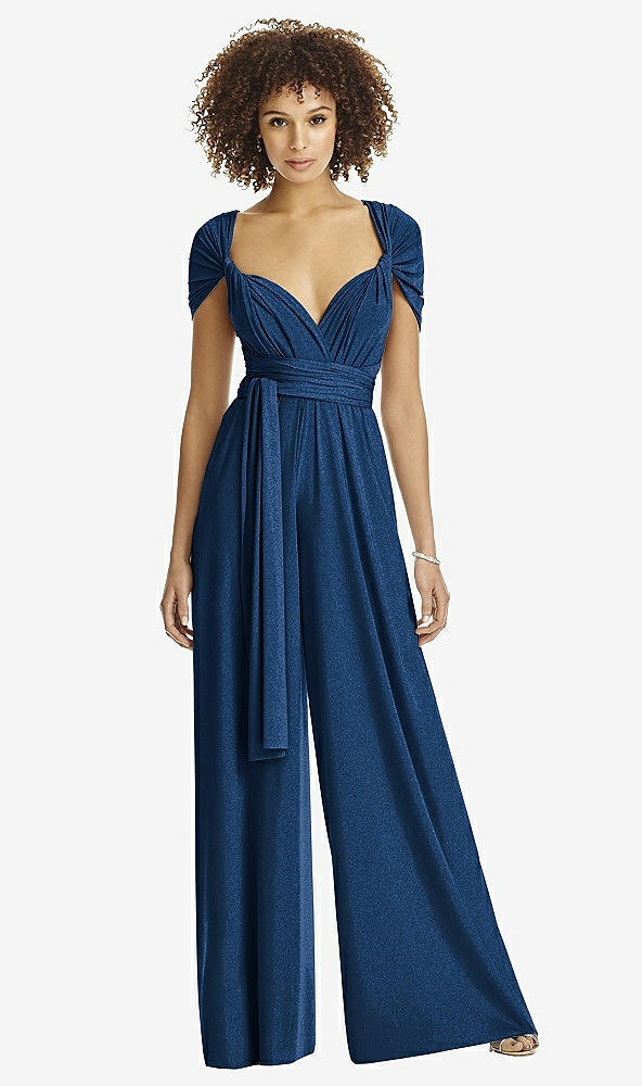 Front View - Estate Blue Gold Twist Wrap Shimmer Jumpsuit