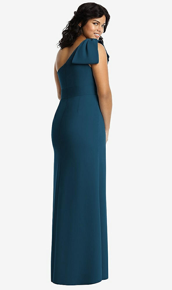 Back View - Atlantic Blue Bowed One-Shoulder Trumpet Gown